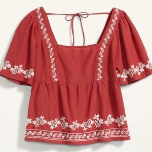 Old Navy Rust Red Embroidered Peasant Blouse XXL Boho Flutter Sleeve Tie Back